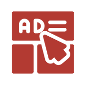 Red icon of a computer cursor clicking on a digital advertisement labeled "AD" with lines representing text next to it.