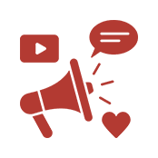 Red icons of a megaphone, a play button, a speech bubble, and a heart, representing media, communication, and social interaction.