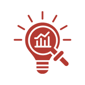 Red icon of a lightbulb with a rising bar graph inside, overlaid by a magnifying glass, symbolizing analytics or insight.
