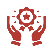 Red icon of two hands holding a ribbon with a star in the center, symbolizing achievement or recognition.