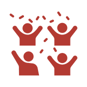 Red icon of four people with arms raised, with confetti above two of them, representing celebration or a group event.