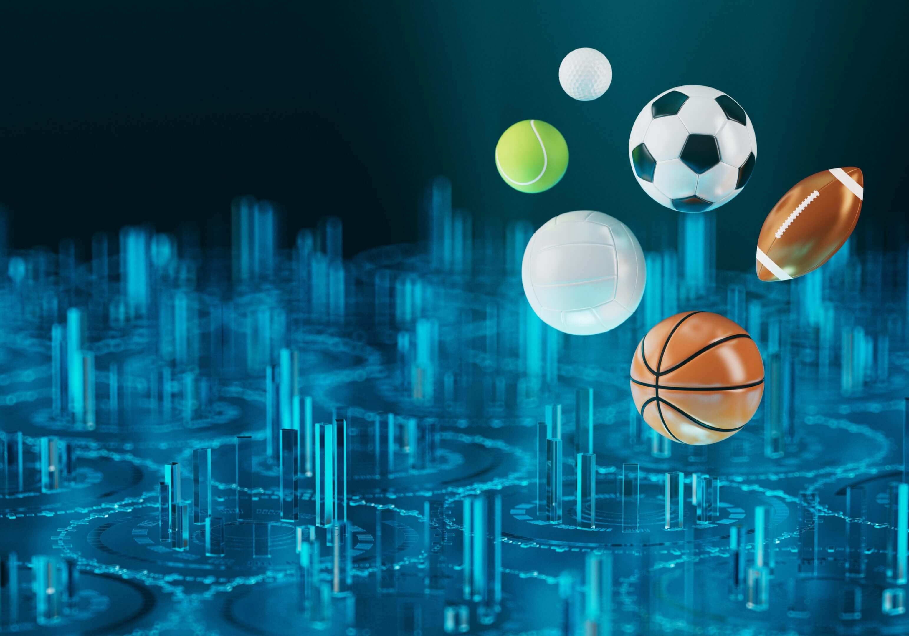 Various sports balls, including soccer, tennis, golf, football, volleyball, and basketball, floating above a digital blue data visualization background.