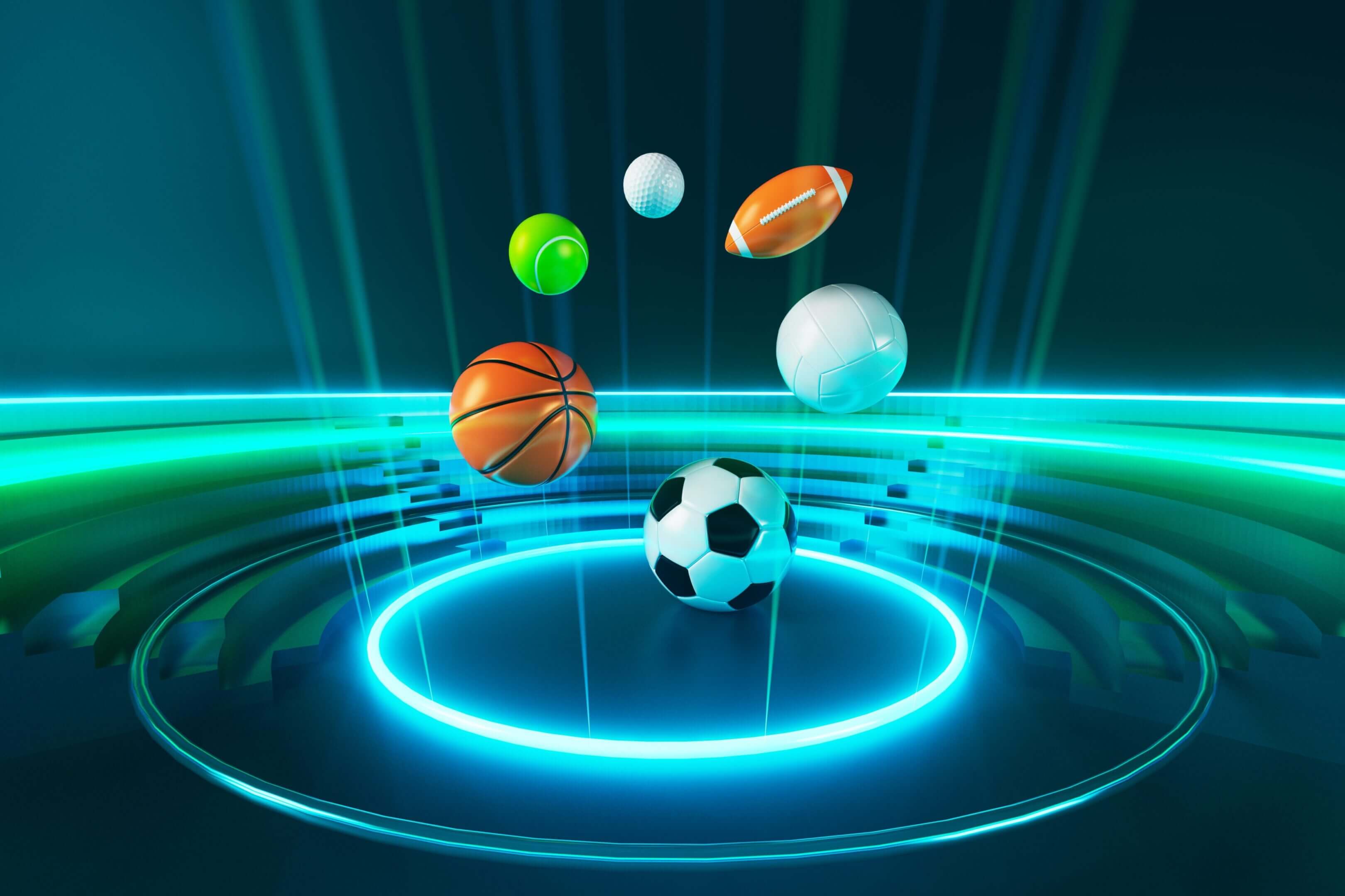 Six sports balls, including a soccer ball, basketball, volleyball, football, golf ball, and tennis ball, float above a glowing circular platform in a futuristic arena.