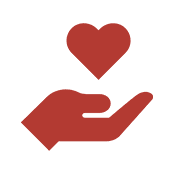 Red icon of an open hand with a red heart floating above the palm, symbolizing giving, care, or support.
