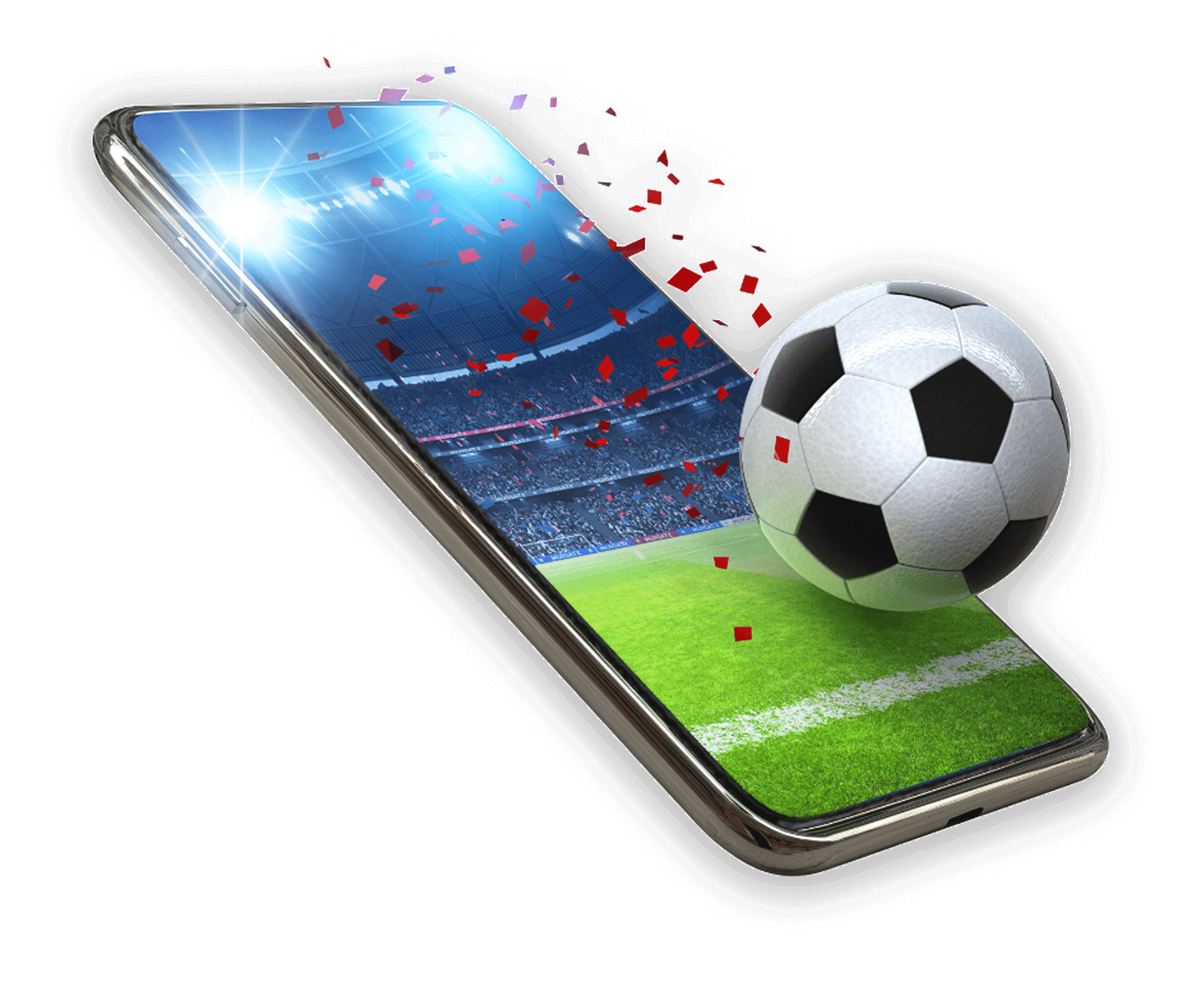 A smartphone displays a soccer stadium, with a soccer ball and red confetti appearing to emerge from the screen.
