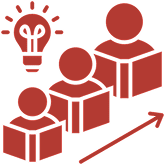 Three red icons of people reading books, a lightbulb symbolizing ideas, and an upward arrow indicating progress or growth.