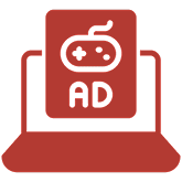 Red icon of a laptop displaying an ad with a game controller graphic and the letters "AD" on the screen.