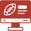 Red icon of a computer monitor displaying a football and text lines, suggesting sports or football content on a website or screen.