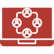 Red icon of a laptop displaying four connected user figures, representing online collaboration or virtual teamwork.
