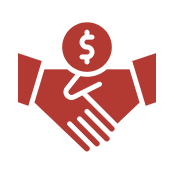 Red icon of two hands shaking with a dollar sign above them, representing a financial agreement or business deal.