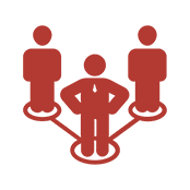 Red icon showing three people connected by lines, with the central figure positioned between and slightly in front of the other two.
