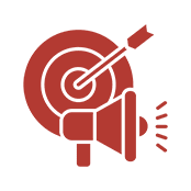 Red icon of a bullseye with an arrow in the center, positioned behind a megaphone emitting sound waves.