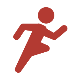Red pictogram of a person running, depicted with simple geometric shapes on a transparent background.