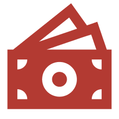 Red icon of three overlapping paper bills with a circular symbol in the center, representing money or currency.