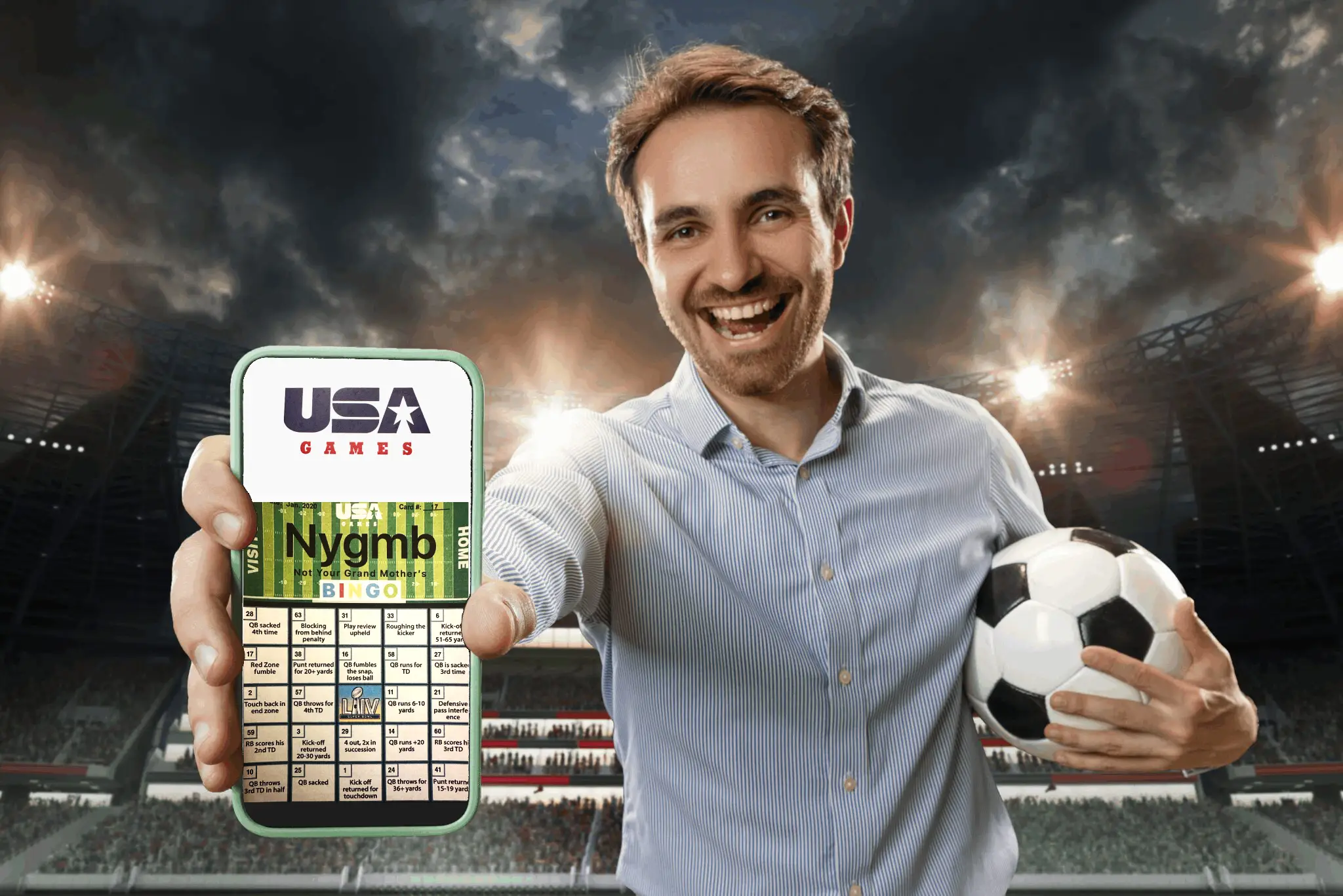 Man holding USA lottery ticket and soccer ball in a stadium.
