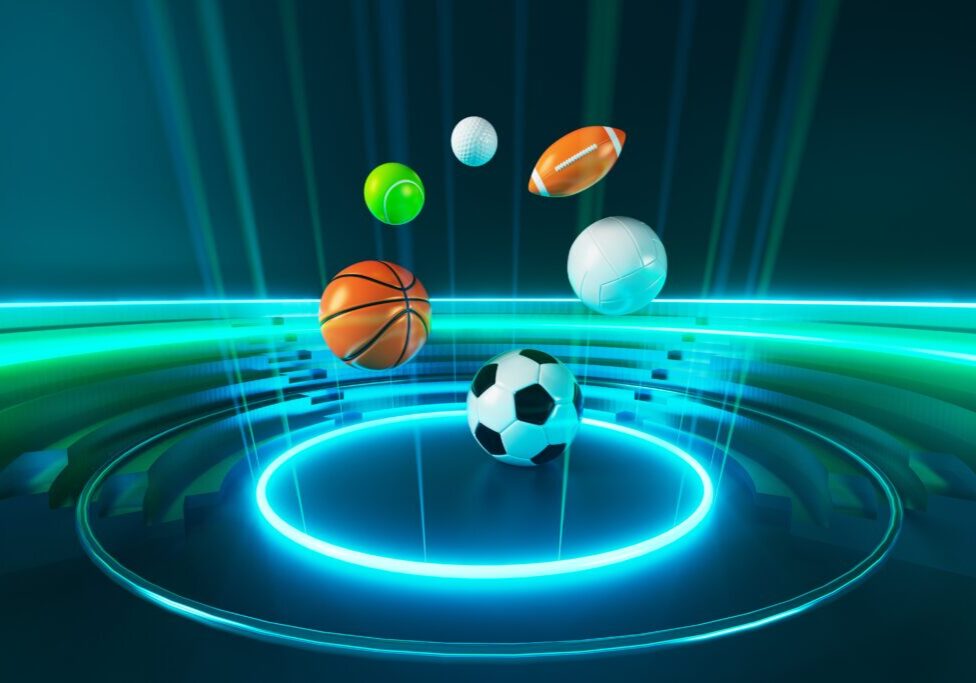 Six sports balls, including a soccer ball, basketball, volleyball, football, golf ball, and tennis ball, float above a glowing circular platform in a futuristic arena.